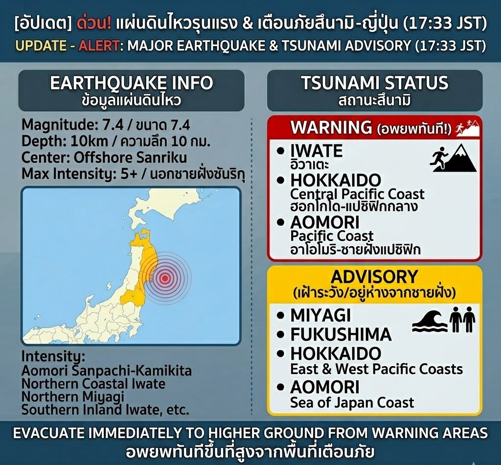 KChun37033's tweet photo. 🚨  แผ่นดินไหว 7.4 นอกชายฝั่งญี่ปุ่น 🇯🇵
🔴 เตือนภัยสึนามิ (อพยพ!):
จ.อิวาเตะ, ฮอกไกโด (ชายฝั่งแปซิฟิกกลาง), จ.อาโอโมริ (ชายฝั่งแปซิฟิก)
🟡 เฝ้าระวัง 
ฮอกไกโด (แปซิฟิกตะวันออก/ตก), มิยางิ, ฟุกุชิมะ, อาโอโมริ 
#แผ่นดินไหว #แผ่นดินไหวญี่ปุ่น #สึนามิ #เตือนภัยสึนามิ #ข่าวญี่ปุ่น https://t.co/2SUcdU6kPI