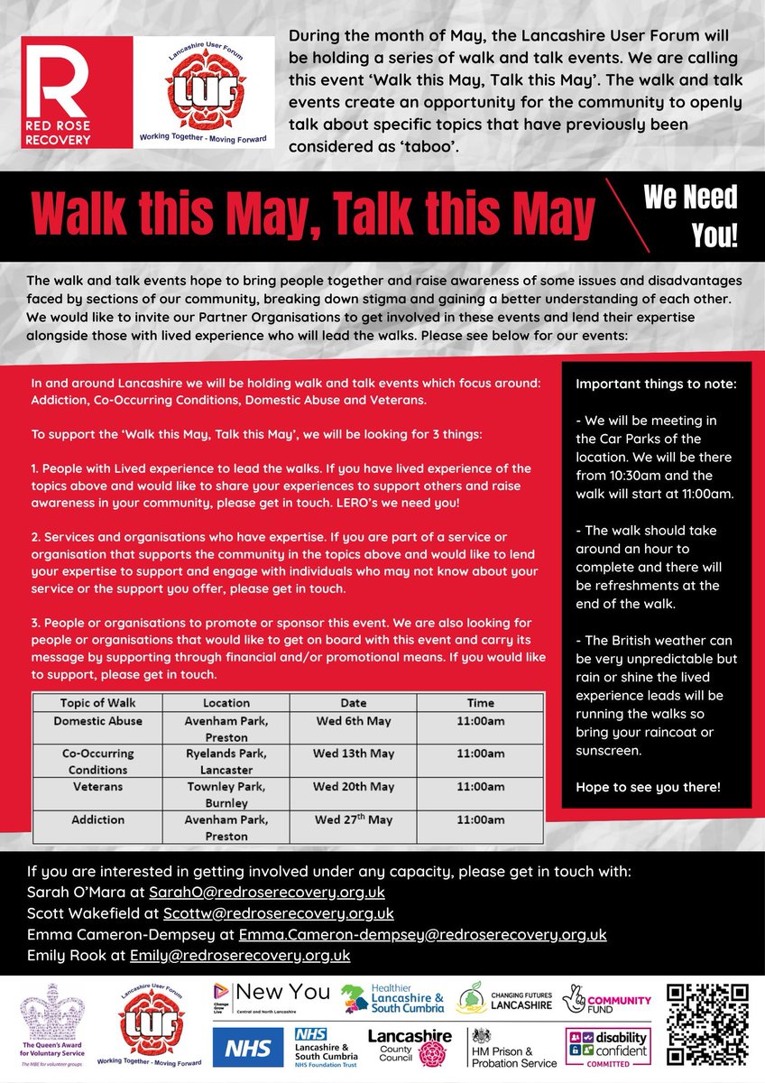 RRR_LUF's tweet image. Walk This May 🚶‍♀️💬

Walk this May, talk this May… who’s joining us? These events are all about bringing people together, raising awareness of challenges in the community, and inspiring hope.

#RedRoseRecovery #WalkAndTalk #Wellbeing #Community #Hope