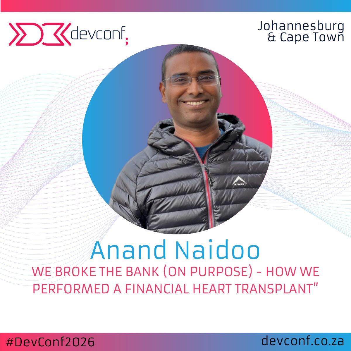 devconfza's tweet photo. Anand Naidoo had 3 months to execute a complete banking migration after the sponsor bank exited. With customers actively transacting, salaries flowing, and money in accounts, there was only one option: perform a "financial heart transplant" on a running system. #DevConf https://t.co/VdPfDBAzmU