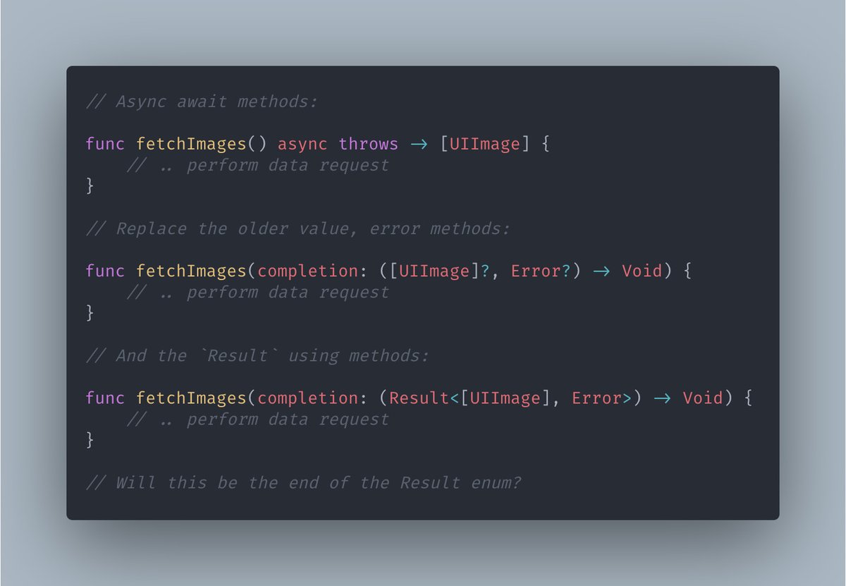 twannl's tweet image. Async await in Swift makes it less needed to use the Result enum. Personally, I've not been using it anywhere else than inside completion closures.

Do you still see value for the Result enum?
avanderlee.com/swift/async-aw…    

#swiftlang #iosdev