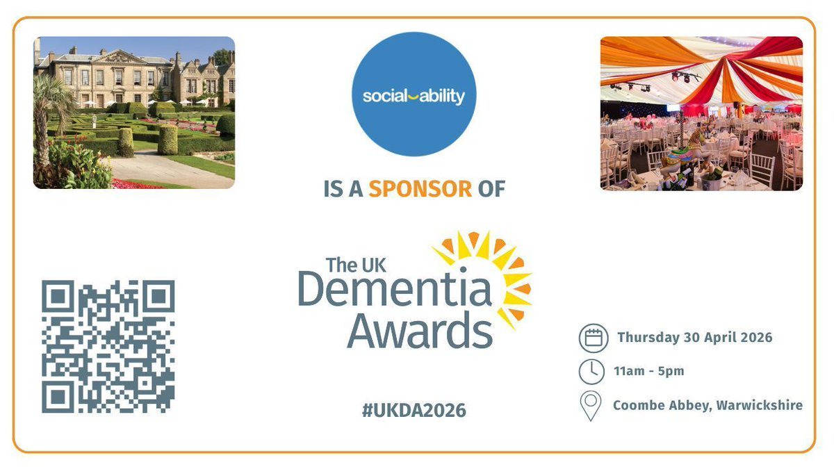 JDementiaCare's tweet photo. Pleased to welcome @SocialAblty as a Sponsor for the 2026 UK Dementia Awards, Thursday 30th April 2026, Coombe Abbey Hotel, Warwickshire.

More about Social Ability: https://t.co/PWJkls0drx 

Join us at the 2026 UK Dementia Awards: https://t.co/JHkev1Q947 

#UKDA https://t.co/odgLkwDGP1