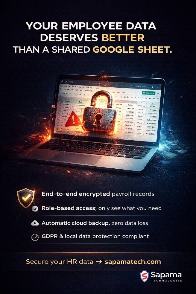sapamaerp's tweet image. A shared spreadsheet is not data security.
Protect every employee record with Sapama HRM's encrypted cloud system.
sapamatech.com
#HRM #PayrollSoftware #HRtech #AfricaBusiness #PayrollAutomation #CloudHR #DataSecurity
