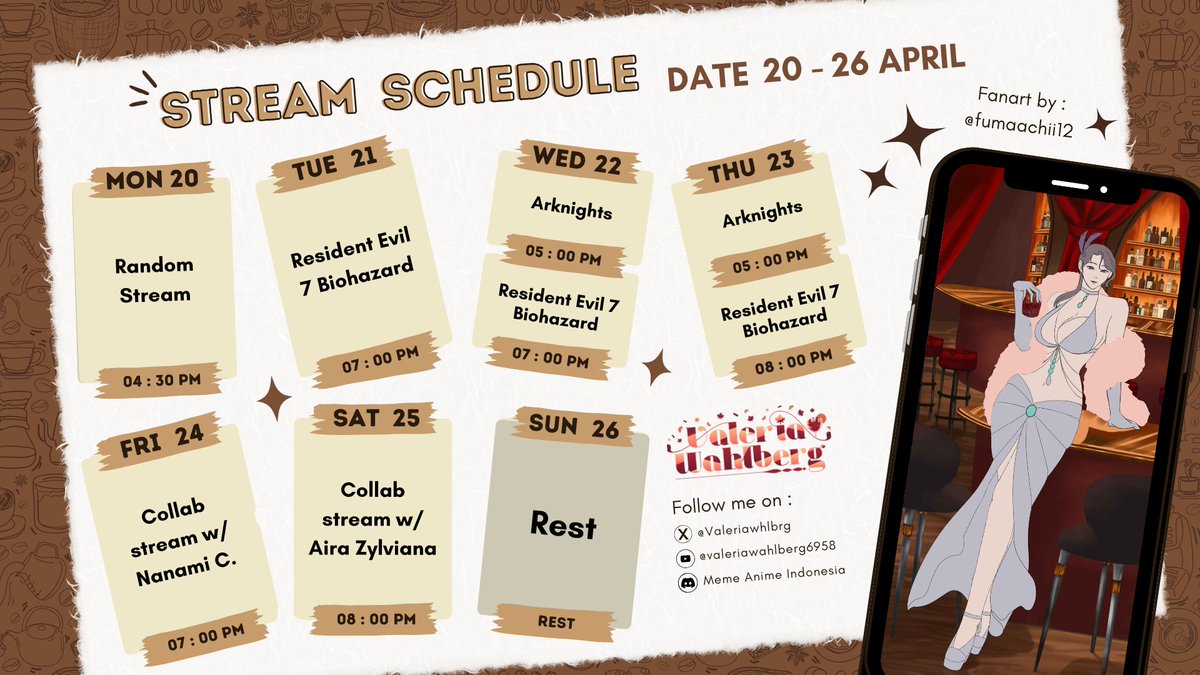 Valeriawhlbrg's tweet photo. Hai Wahlssommmeeee, I hope we can have fuuunnn this weeek !!  

i will have Collaaabssssss. hehehhee with @NanamiChalichia ! and @airazzy  !!!  

Weekly schedule 20 - 26 APR 2026  

Here are my tags :  
Info, news : #Attevale 
Live : #Valeraibu 
Art : #SFWahl & #nsfwahl 
Clip : #Valeclip 
Meme : #Wahlnutz  

Fanart by @Fumaachii12