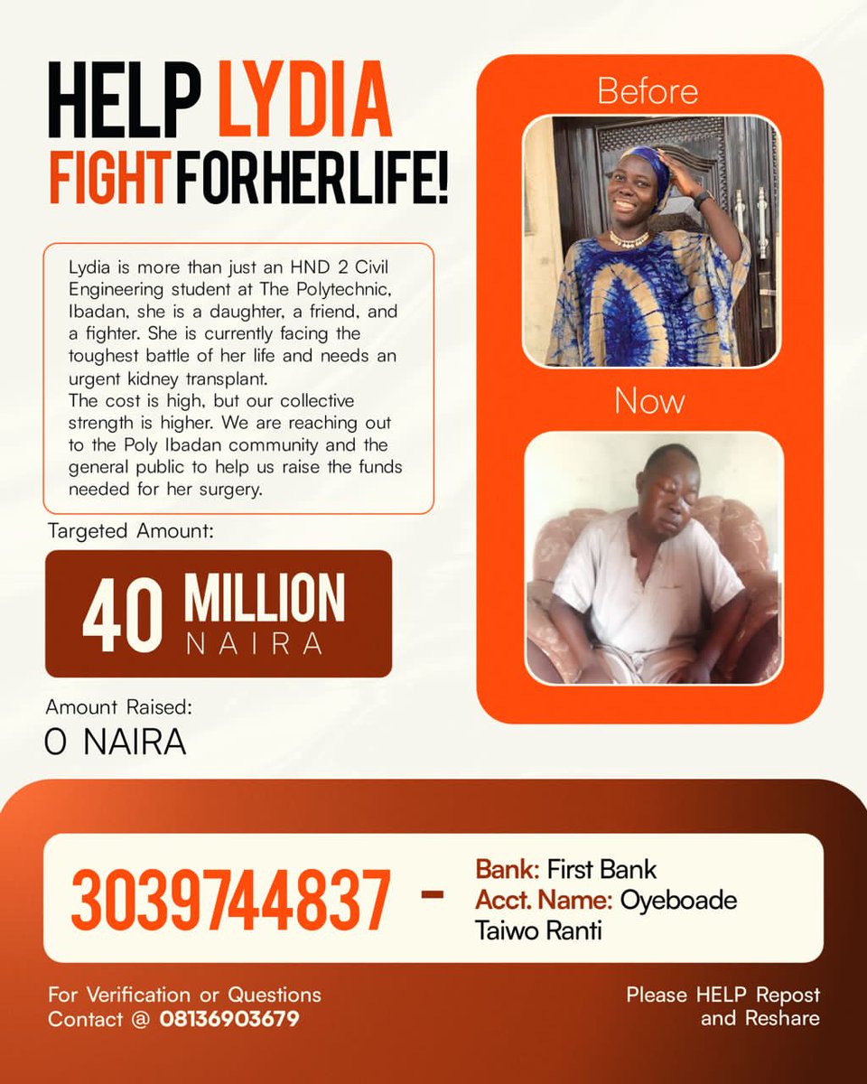 HumbleDifferen1's tweet image. *Help Lydia Fight for Her Life! *
Lydia is more than just an HND 2 Civil Engineering student at The Polytechnic, Ibadan,She is currently facing the toughest battle of her life  #CivilEngineering