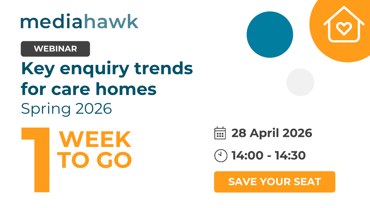mediahawk's tweet photo. 📅 One week to go.  Mediahawk's free care home marketing webinar is next Tuesday – 28 April at 14:00.  

Real trends. Real data. 30 minutes. Plus, early access to the full report. Register now 👇 
https://t.co/rvYjqjDu3B 

#CareHomeMarketing #CareHomes #SocialCare https://t.co/yNTngI8RDC