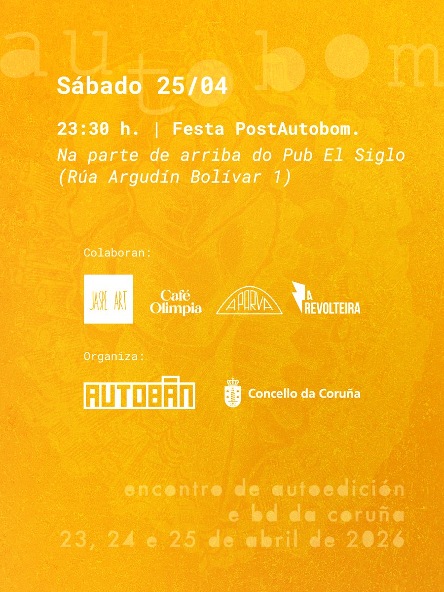AutobanBD's tweet image. Moitas grazas á Revolteira e a @Jaspeart1Art por dar acubillo ás actividades, e a Café Olimpia e @AParva_ pola súa colaboración!

Especial agradecemento a @ConcelloCoruna e @Cultura_Coruna polo apoio para levar adiante este Autobom 2026!!

#autoban #autobom #autoedicion #fanzine