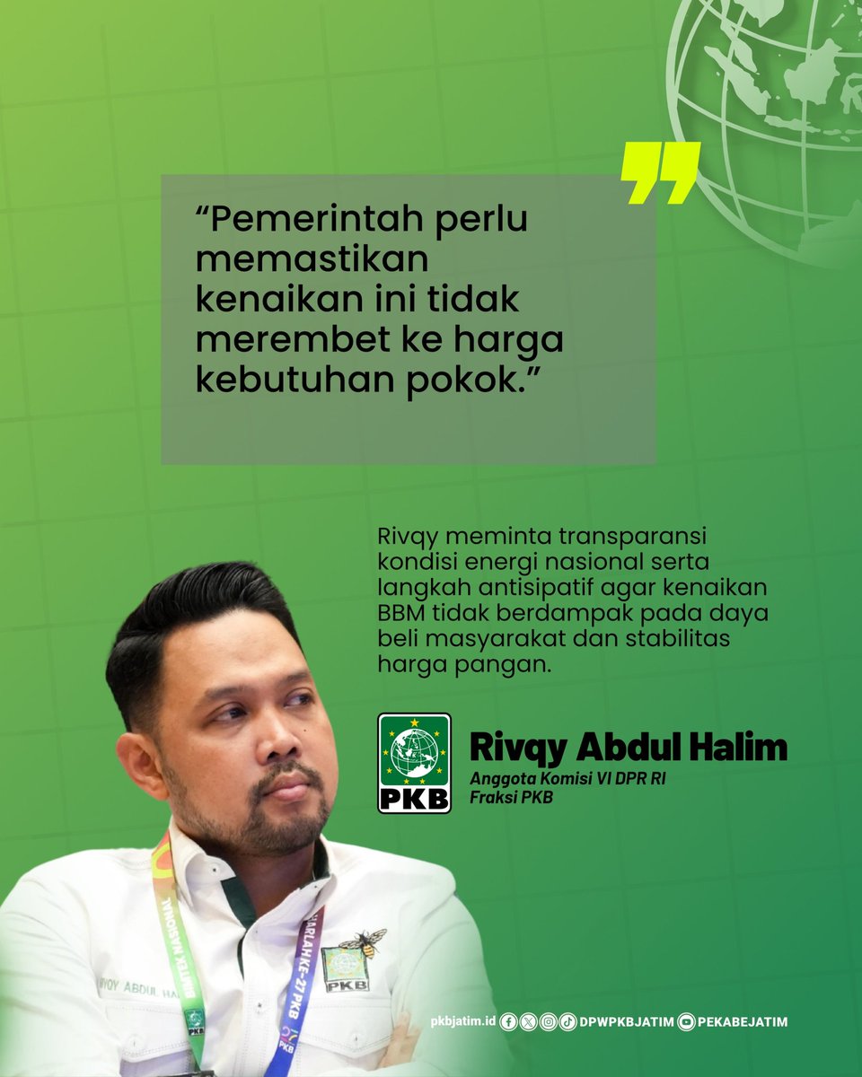 dpwpkbjatim_'s tweet image. BBM naik, stabilitas harga diuji.

Rivqy Abdul Halim ingatkan pemerintah soal momentum &amp;amp; komunikasi kebijakan agar tak picu keresahan.

Kenaikan BBM jangan sampai merembet ke harga kebutuhan pokok dan daya beli masyarakat. ⚖️

#DPWPKBJatim #BBM #StabilitasHarga