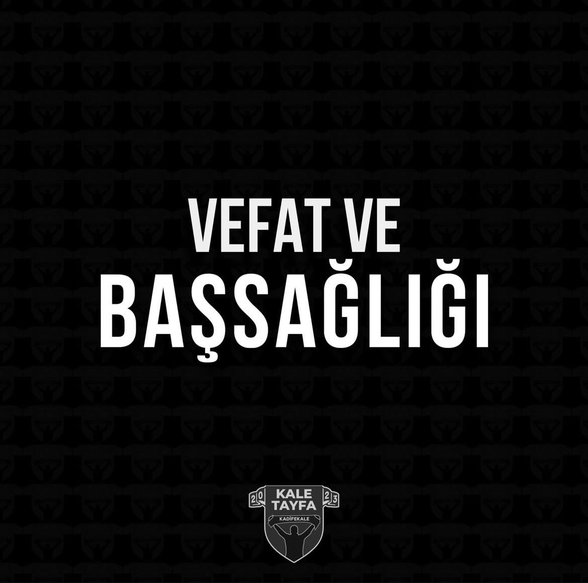 KaleTayfa's tweet photo. Grubumuzun neferlerinden Barış kanar’ın teyzesi  Merhume Zeynep Kanar vefat etmiştir.
Merhumeye Allah’tan rahmet, ailesine ve sevenlerine baş sağlığı dileriz.
#Göztepe #Kaletayfa https://t.co/BgT9lV8ehU