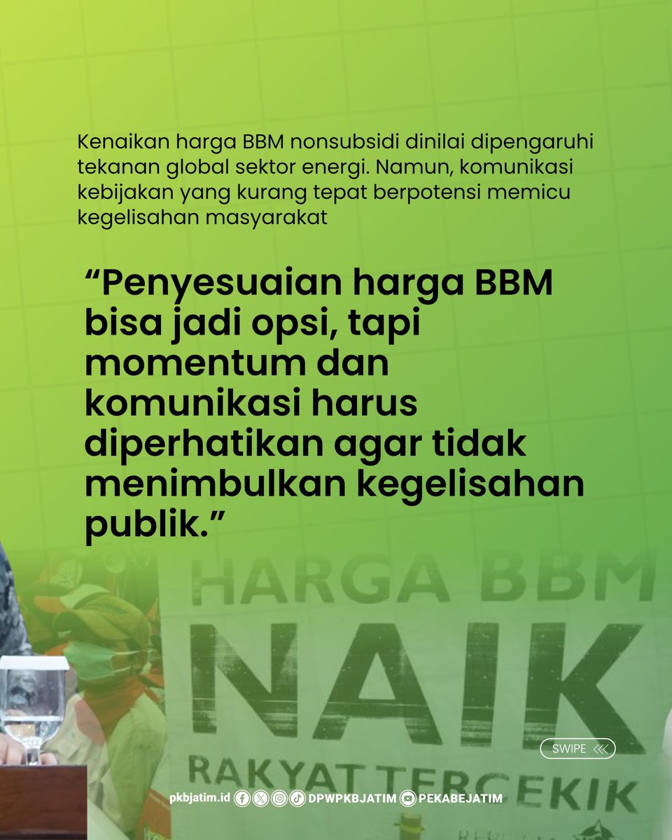 dpwpkbjatim_'s tweet image. BBM naik, stabilitas harga diuji.

Rivqy Abdul Halim ingatkan pemerintah soal momentum &amp;amp; komunikasi kebijakan agar tak picu keresahan.

Kenaikan BBM jangan sampai merembet ke harga kebutuhan pokok dan daya beli masyarakat. ⚖️

#DPWPKBJatim #BBM #StabilitasHarga