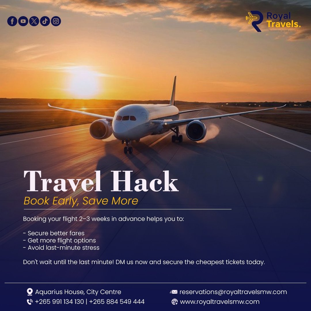 royaltravels265's tweet image. ✈️ Don’t let flight prices catch you off guard 💸

Booking 2–3 weeks early can mean better fares, more options &amp;amp; less stress.

Smart travelers plan ahead.
📲 Talk to Royal Travels before you book your next trip.

#TravelTips #FlySmart #SaveMore