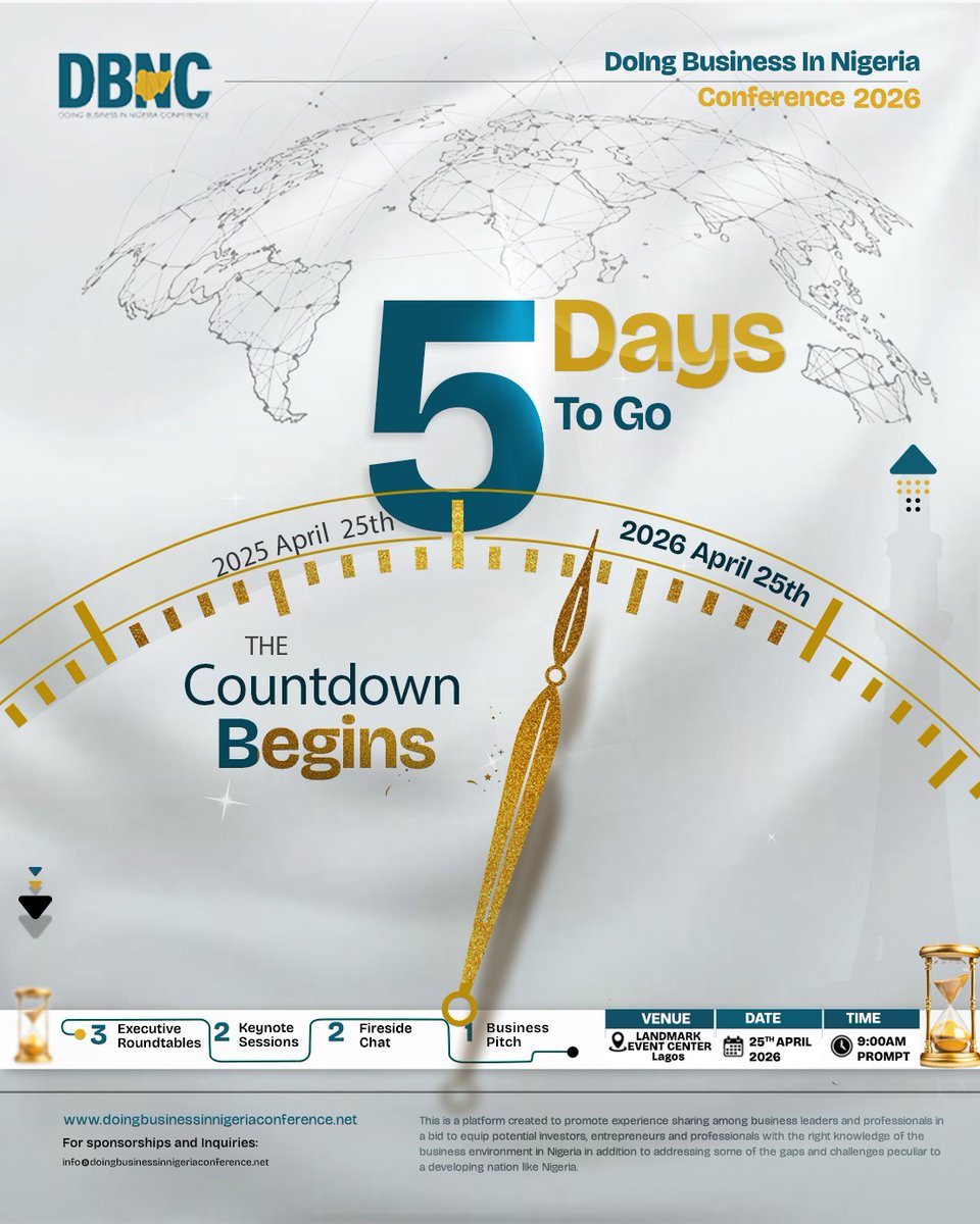 DBNConference's tweet image. The clock is ticking. Greatness awaits.

5 Days to DBNC 2026, where conversations become opportunities and connections become growth.

📍 Landmark Event Centre, Lagos
📅 25th April 2026
⏰ 9:00AM Prompt

Next stop: Beyond Boundaries.

#DBNC2026 #5DaysToGo #BeyondBoundaries