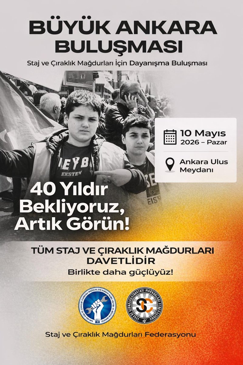CirakStajFED's tweet photo. 📢 BÜYÜK ANKARA BULUŞMASI 📢

@anadoluajansi
@ankahabera
@kenansenerr
@isakarakas
@PinarErguner
@yaprakhirka
@ErcanSeki
@tbfederasyonu
@ihacomtr
@dhainternet
@tv100
@benguturktv
@cnnturk
@ankahabera
@szctelevizyonu
@HaberGlobal
@halktvcomtr
@nowhaber
@ekoltvv
@tvmeltem
@Haberturk
@startvhaber
@trthaber
@tgrthabertv
@atvcomtr
@selcukktepeli
@eceuner12
@ezgigozeger
@merveyildirimtv
@gulbintosun
@ferhatmurat
@Nagehanalci
@tunaoztunc
@BelovacSerap
@tarkankalelitv
@KalecikGulden
@iremsansak
@cancoskun
@ezgigozeger
@sedakbay
@dmladogan
@ekremacikel
@GFeyman
@eceuner12
@gozdeseker
@ceyliincagatay
@ozngndgdu
@Selinsabit
@unluferhat
@simgefstk

Yıllardır emeği görmezden gelinen, sigorta numarası verilmiş olmasına rağmen sigorta başlangıcı kabul edilmeyen staj ve çıraklık sigortası mağdurlar artık sessiz değil.

Ankara Staj ve Çıraklık Sigortası Mağdurları Derneği öncülüğünde düzenlenecek Büyük Ankara Buluşması kapsamında yapılacak basın açıklamasıyla, yıllardır süregelen bu önemli hak kaybı güçlü bir şekilde kamuoyunun gündemine taşınacak.

Çocuk yaşta çalışma hayatına adım atan, üretime katkı sunan ve iş kazası riskiyle karşı karşıya kalan yüz binlerce kişi, sigorta sistemine dahil edilmelerine rağmen emeklilik hakkı açısından yok sayıldıklarını ifade ediyor. Bu durum hem sosyal güvenlik sistemi hem de sosyal adalet açısından tartışılması gereken önemli bir sorun olarak öne çıkıyor.

Basın açıklamasında, staj ve çıraklık başlangıcının emeklilik başlangıcı sayılmaması nedeniyle yaşanan mağduriyetler somut örneklerle kamuoyuna aktarılacak ve çözüm talepleri net bir şekilde dile getirilecek.

Ankara’da gerçekleştirilecek bu buluşma, yalnızca bir basın açıklaması olmanın ötesinde; yıllardır dile getirilen ancak çözüme kavuşmayan bir sorunun yeniden ve daha güçlü bir şekilde gündeme taşınması açısından kritik bir önem taşıyor.

Tüm basın kuruluşlarını, habercileri ve medya temsilcilerini bu önemli gündemi yerinde takip etmeye, kamuoyunu bilgilendirmeye ve bu hak arayışına görünürlük kazandırmaya davet ediyoruz.

Program Akışı:
🗓️ 10 Mayıs 2026 – Pazar
🕚 11.00 – 12.00
📍 Anıtkabir Ziyareti – Tandoğan Girişi 
🕐 13.00
📍 Basın Açıklaması – Ulus Meydanı

Haklı mücadelemizden vazgeçmeyecek, kararlılıkla yolumuza devam edeceğiz!

Adalet Nerede
#StajyerÇırakOrada
