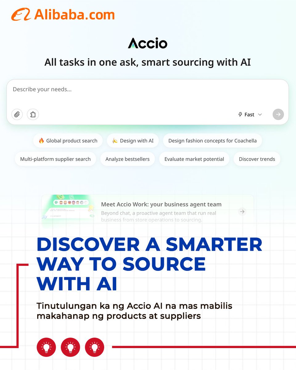 AlibabaSEA_'s tweet image. Mas pinadali ang sourcing gamit ang AI
Sa tulong ng Accio AI, maaari kang maghanap ng products nang mas mabilis, mag-upload ng larawan para makakita ng similar items, at makahanap ng tamang suppliers.

I-upgrade ang iyong sourcing sa Alibaba.com

#Alibaba #AlibabaCom