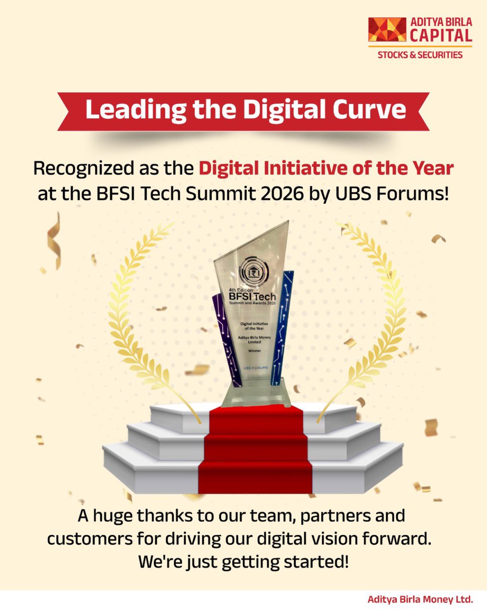 Abmoneyltd's tweet image. We are incredibly proud to be named the Digital Initiative of the Year at the BFSI Tech Summit 2026 by UBS Forums! A huge thanks to our team, partners and customers for driving our digital vision forward.

#DigitalExcellence #AdityaBirlaCapital #FintechInnovation