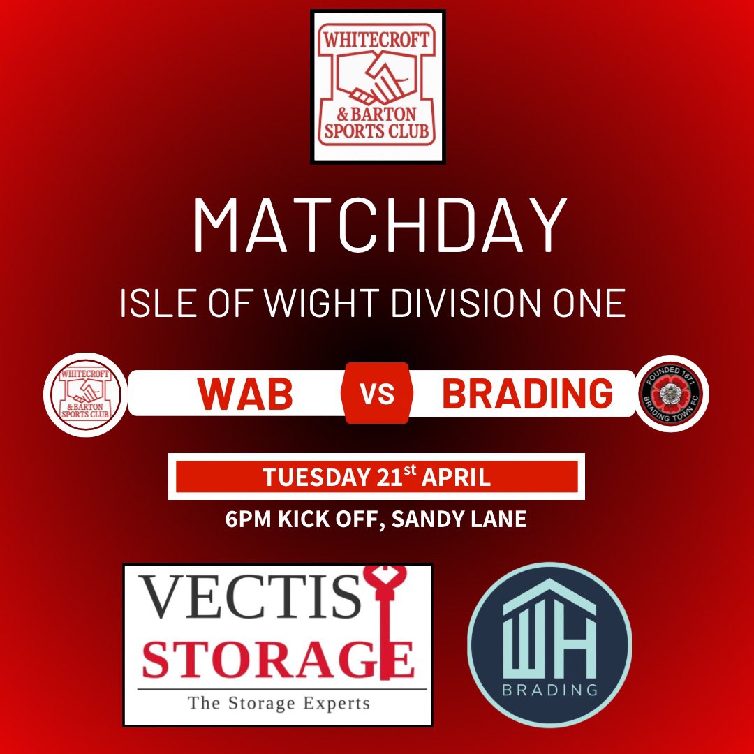 wab_fc's tweet photo. Another massive game Tuesday night as we welcome Brading to ‘Sandy Lane’ in Division One, 6pm Kick Off 

With only 2 games remaining and requiring 4 points to retain the league, we could do with the fantastic support we received Saturday from everyone again please! 

UTWAB

❤️💛 https://t.co/Ej4CePJWYa