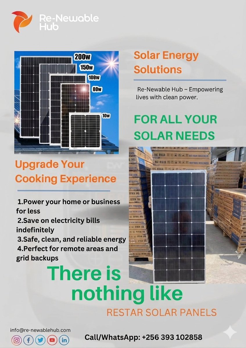 RenewableHub's tweet image. Power your home or business for less with Re-Newable Hub! ☀️🔋
From 10W to 200W, our Restar Solar Panels provide safe, clean, and reliable energy to save you on bills indefinitely. Perfect for remote areas and grid backups. 🌍
📞 Call/WhatsApp: +256 393 102858
#SolarEnergy #Clean