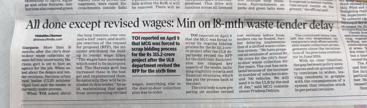 VishakhaKaulTOI's tweet image. All done except revised wages: Minister on 18-month waste tender delay in #Gurgaon 

@VipulGoelBJP @ulbharyana @cmohry 

Read more at:
m.timesofindia.com/articleshow/13…