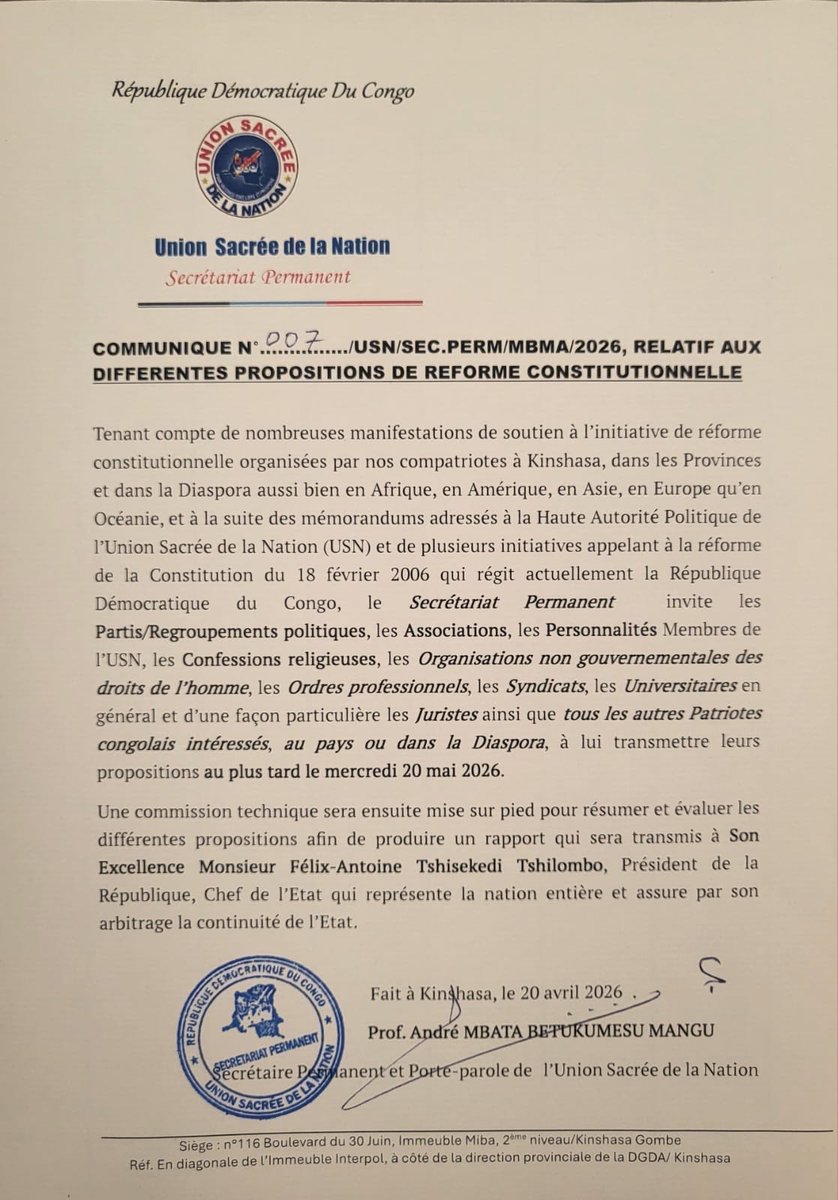 wembi_steve's tweet image. #RDC: ‼️🚨🛑C’est fini ✅! Tshisekedi obtient un autre mandat et va changer la
Constitution. Sa plate-forme, l’Union sacrée a officiellement ouvert la porte aux propositions de réforme, invitant les acteurs politiques, la société civile et les citoyens à apporter leurs