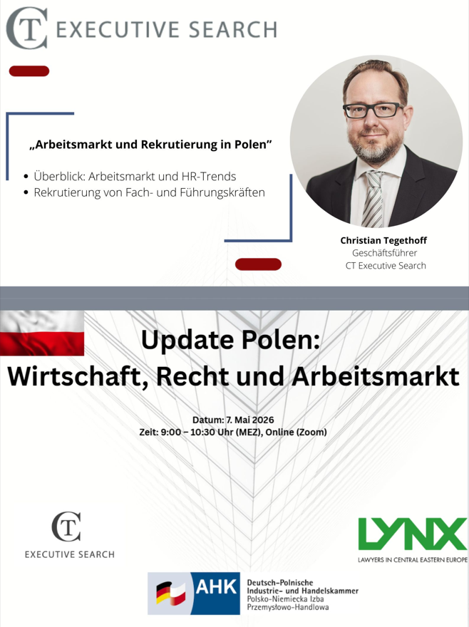 CT_Executive's tweet image. Arbeitsmarkt und Rekrutierung in Polen
Datum: 7. Mai 2026
Das Webinar wird von @CT_Executive mit Unterstützung der @AHKPolska  
Weitere Informationen: lnkd.in/diFYYqS 
Anmeldung: lnkd.in/dx8dEj8j

#HR #executivesearch #polen
