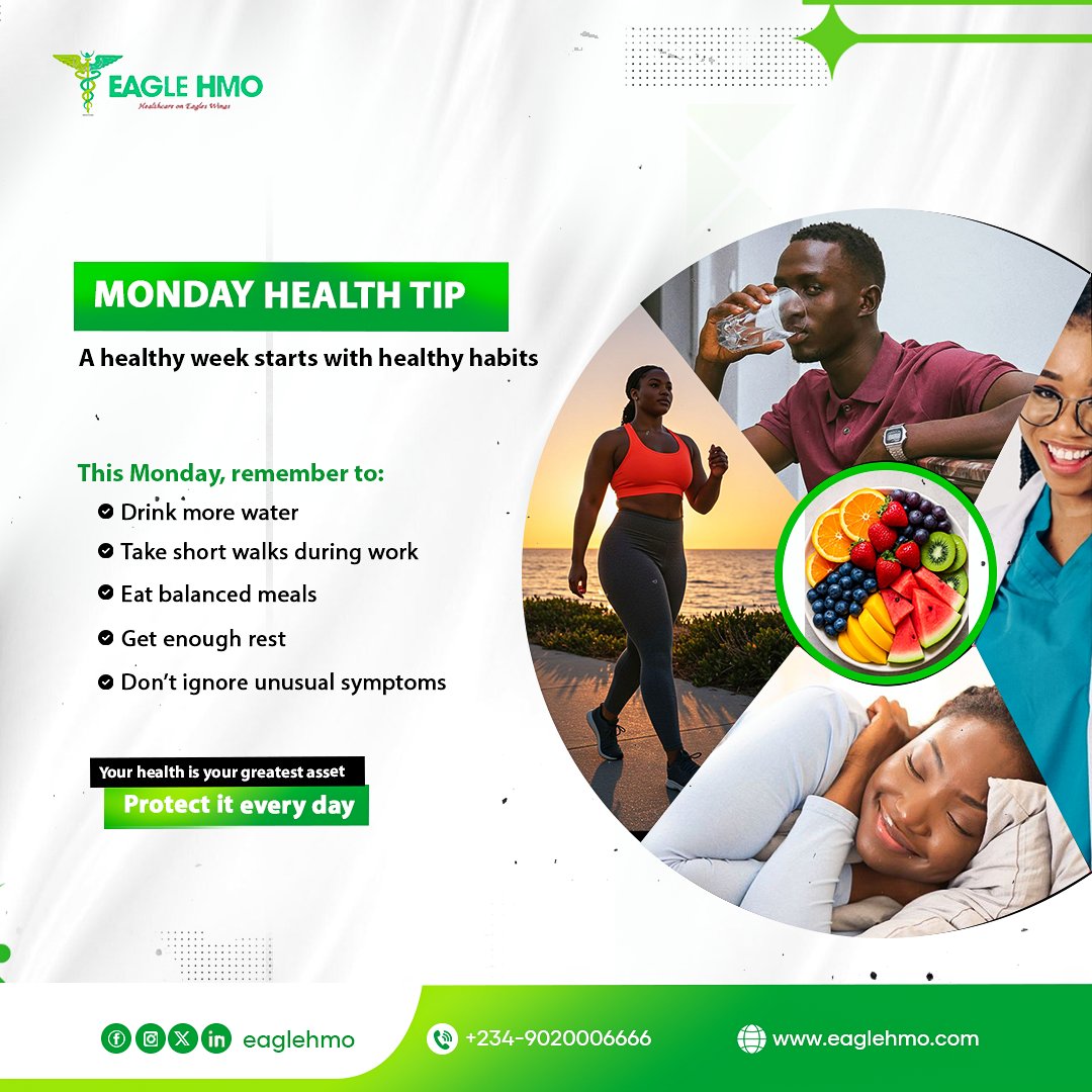 EagleHMO's tweet image. At EagleHMO, we believe prevention is better than cure because staying healthy should never be left to chance.

#MondayHealthTip #HealthyLiving #PreventiveCare #EagleHMO #YourHealthFirst