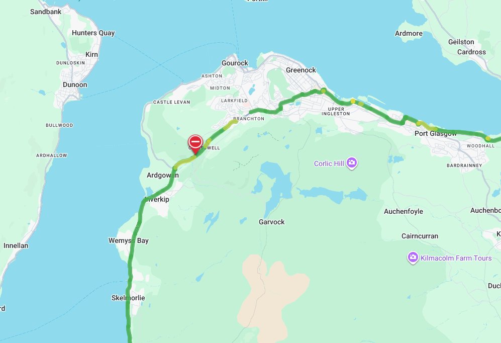 trafficscotland's tweet image. UPDATE❗️⌚️10:15
🗺️#A78 Inverkip Road

The #A78 remains ⛔️CLOSED⛔️ in both directions between the Bankfoot Roundabout -  Auchmead Road due to a road traffic collision 

🛣️A diversion route can be found below👇🏽

#DriveSafe

📣updates to follow

@SWTrunkRoads