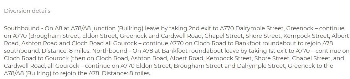 trafficscotland's tweet image. UPDATE❗️⌚️10:15
🗺️#A78 Inverkip Road

The #A78 remains ⛔️CLOSED⛔️ in both directions between the Bankfoot Roundabout -  Auchmead Road due to a road traffic collision 

🛣️A diversion route can be found below👇🏽

#DriveSafe

📣updates to follow

@SWTrunkRoads
