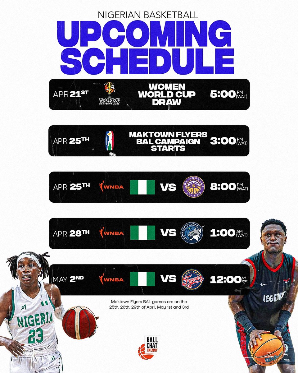 A stacked few days coming for Nigerian Basketball fans 🏀🇳🇬

The 2026 <a href="/FIBAWWC/">FIBA Women's Basketball World Cup</a> draw will happen tomorrow while D'Tigress WNBA starts on the 25th and also Maktown Flyers starts their debut <a href="/theBAL/">Basketball Africa League</a> campaign on the 25th. 

#BallChatWithKenny