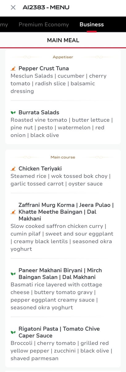 Vinamralongani's tweet image. As someone who hates being away from Delhi for too long, the countdown on @airindia's app is oddly comforting.
The menu on my flight back looks rather tempting too. 
Paneer Makhani with a few mimosas will do just fine 😁
#AvGeek