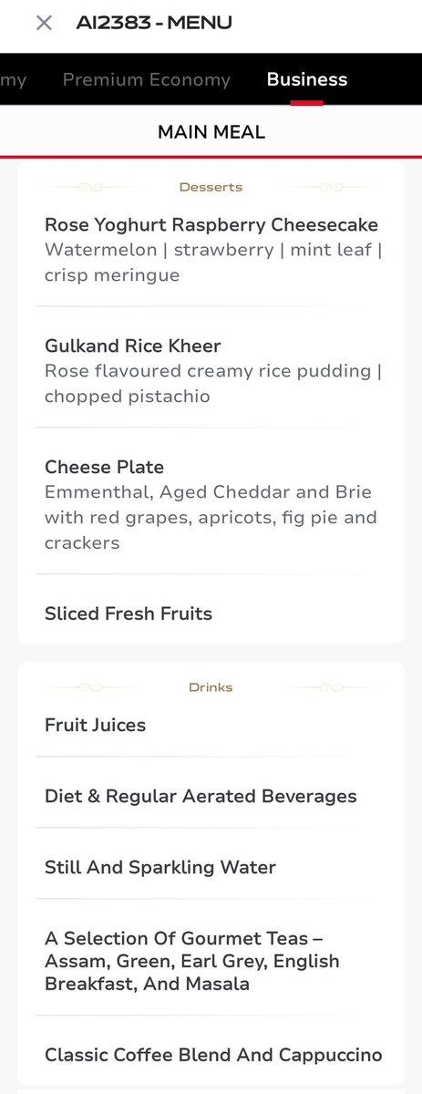 Vinamralongani's tweet image. As someone who hates being away from Delhi for too long, the countdown on @airindia's app is oddly comforting.
The menu on my flight back looks rather tempting too. 
Paneer Makhani with a few mimosas will do just fine 😁
#AvGeek