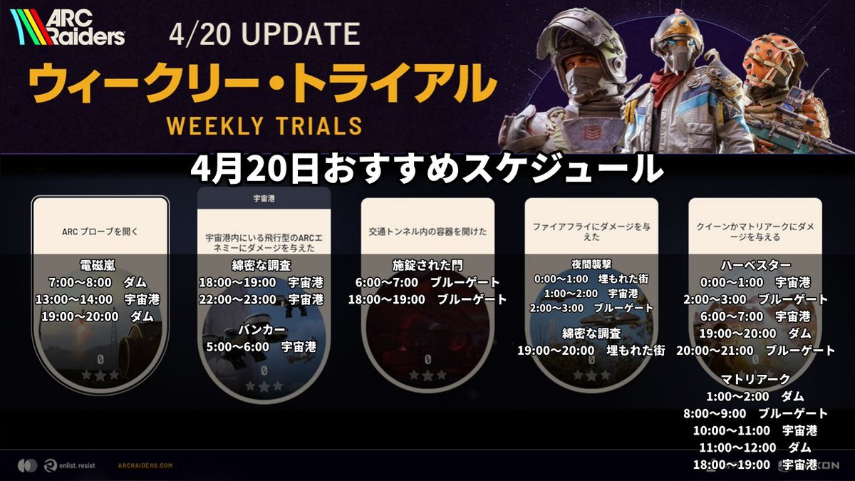 ukimaru_VT's tweet image. 🔥4月20日最終週トライアル🔥

#ArcRaiders 
🔽おすすめタイムスケジュール🔽