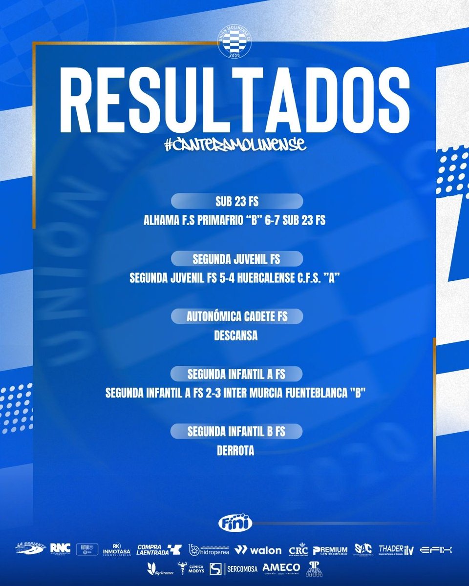 MolinenseFutsal's tweet photo. RESUMEN DE JORNADA | CANTERA 📝

¿Te perdiste algún resultado? ¡Aquí tienes todo lo que pasó este fin de semana con el Unión Molinense Futsal!

#FutsalMurcia #CanteraMolinense https://t.co/FRTaLhzKeI