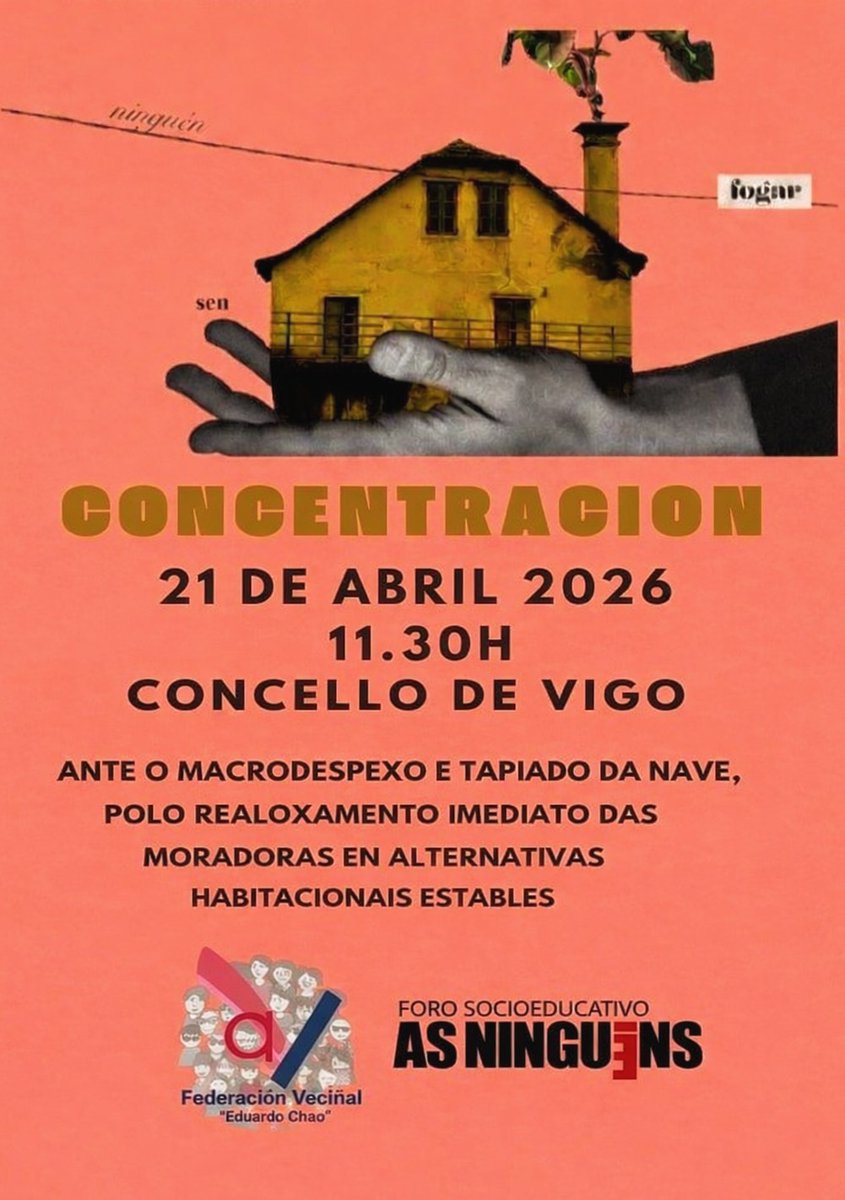 Amnistia_Vigo's tweet image. 🪧Apoiamos esta mobilización convocada por @Federacion9243 e @OsNinguens. 
📢Concello de #Vigo e @Xunta deben proporcionar unha alternativa habitacional estable e urxente ás persoas sen fogar desaloxadas da nave do Berbés xa!