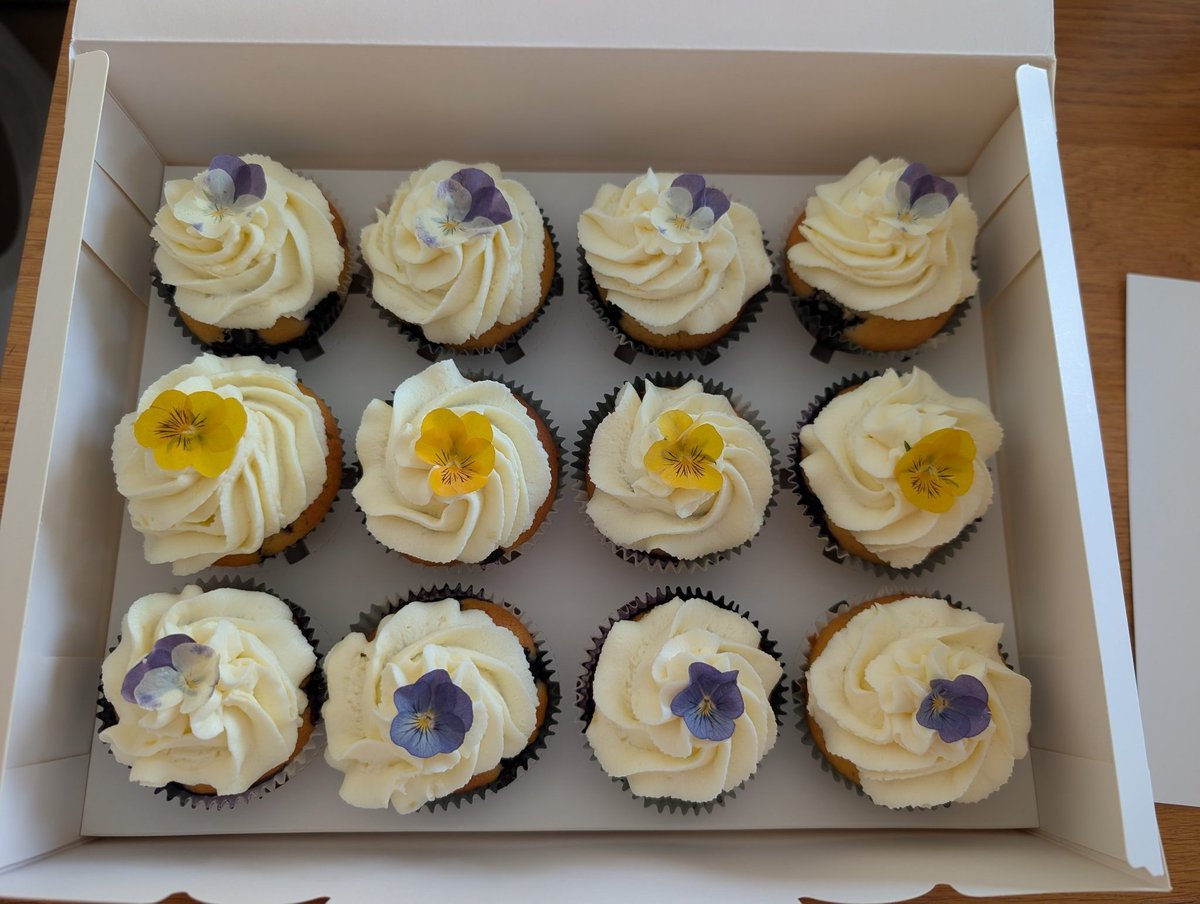 Hice unos cupcakes de romero y arándanos con crema de queso y limón decorados con violas secas