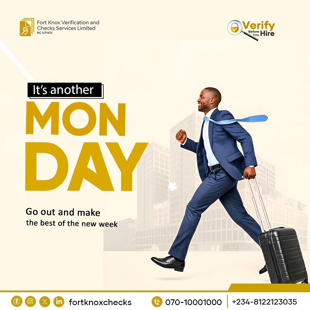 FortKnox_Checks's tweet image. It's another Monday.
Go out and make the best of the new week.

Happy new week!

Contact Fort Knox Checks today for your Background Check needs! Call us on +234(0)701 000 1000 or Email: info@fortknoxchecks.com

#fortknoxchecks #backgroundchecks #security #Safety #Lagos #Abuja