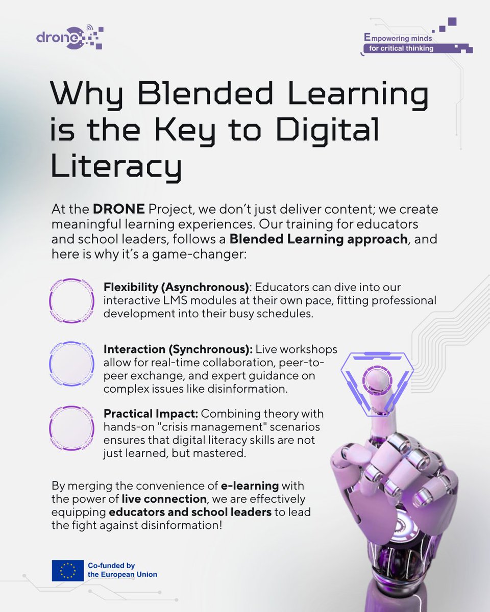 MydroneProject's tweet photo. The Blended Learning Imperative in the DRONE Project
Why settle for one-dimensional training when combating a complex crisis like digital disinformation?
Blended learning is not just a logistical convenience; it is a proven pedagogical strategy.
#DRONEprojectEU https://t.co/bvZN8gb8t1