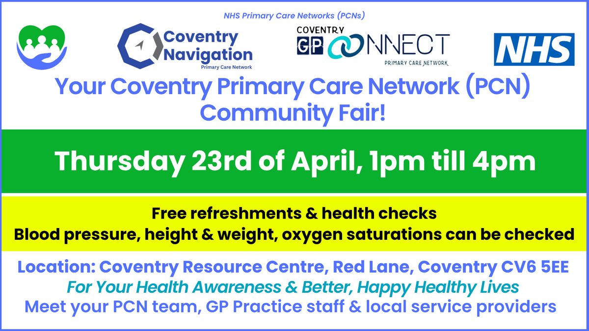 CovNavPCN's tweet photo. Our community fair is just around the corner! 🎉

Come along this Thursday to discover services local to you, get free health checks, and enjoy some refreshments on us.

Bring a friend or family member, we’d love to see you there, this Thursday https://t.co/xcnkVNKRP7