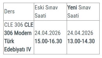hbvctle's tweet photo. 2025-26 Bahar Dönemi Ara Sınavlarına giremeyen öğrenciler için düzenlenen mazeret sınavlarından CLE 306 Modern Türk Edebiyatı IV dersinin 15.00-16.30olan sınav saati 13.00-14.30 olarak değiştirilmiştir. İlgililere önemle duyurulur.

https://t.co/eDYzRkoWEY https://t.co/Ql93i7l01Z