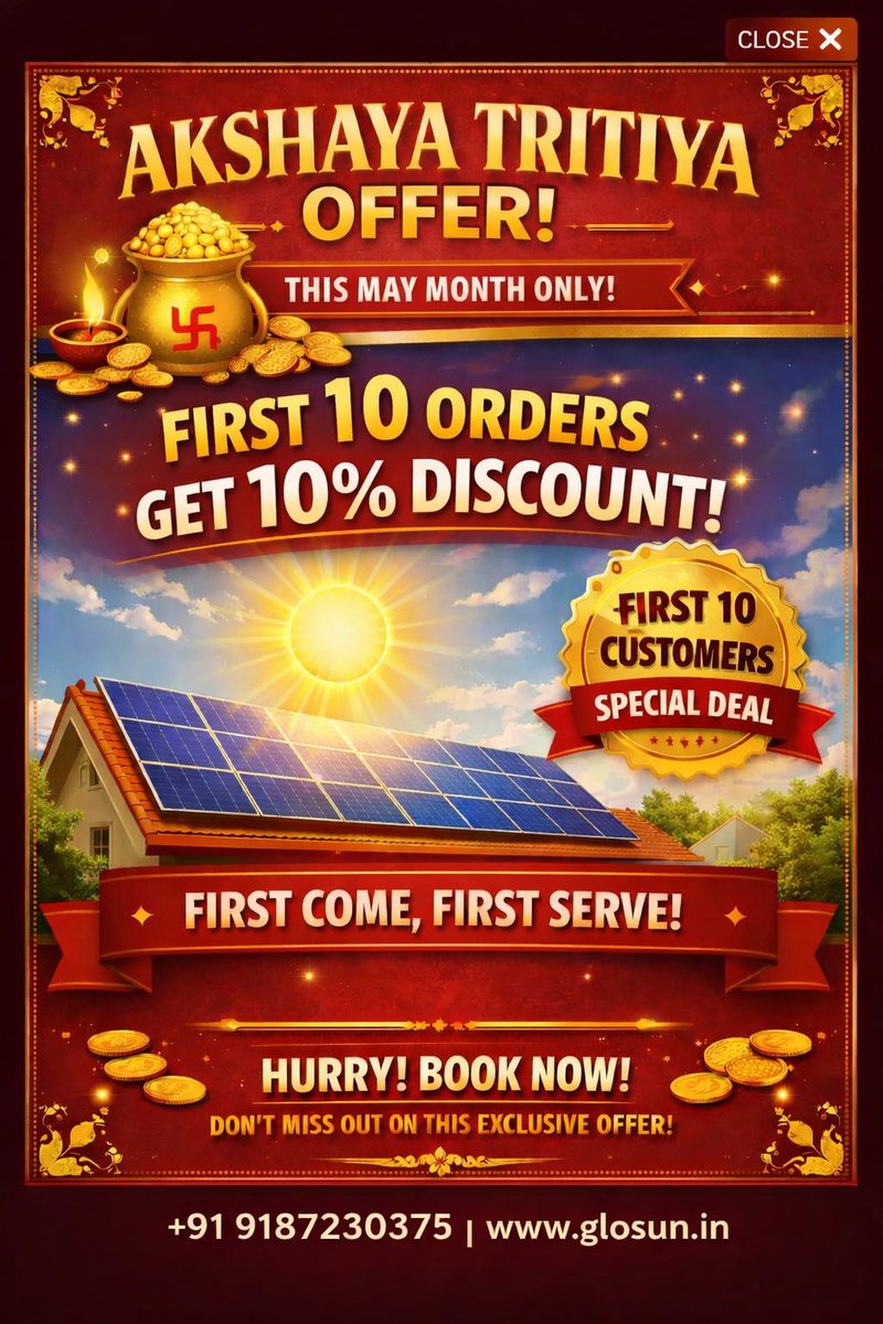 2d983ad55f524a8's tweet image. 🚨 Now LIVE on our website!

Celebrate Akshaya Tritiya with our Residential Solar Mela ☀️

🎉 First 10 orders = Exclusive discounts
💰 Referral earnings + Govt subsidy
🔧 5 yrs FREE maintenance
👉 Book now: glosun.in
#Solar #AkshayaTritiya #GoSolar