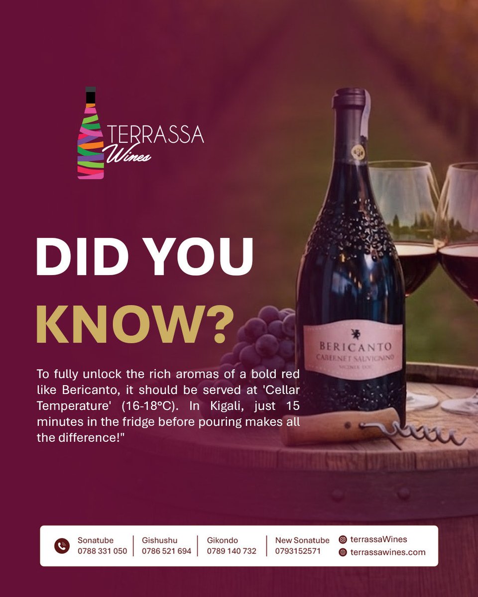 TerrassaW's tweet image. Unlock the full character of your red 🍷serve it at the perfect temperature and let every aroma shine. A little chill can make a big difference.

#TerrassaWines #WineTips #RedWineLovers #WineTime #WineCulture #WineExperience #SipSmart #WineOClock #KigaliLife #FineWine