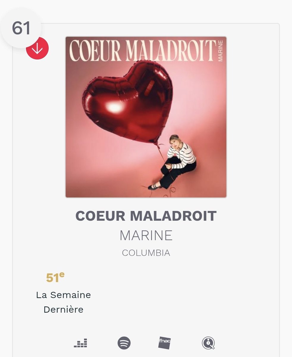 cd_land's tweet image. L'album #CoeurMaladroit  🏹🍎 de #Marine se maintient dans les Tops du @snep du 17 avril : 

* 76 è (-3) du Top Album 
* 61 è (-10) des Ventes physiques.