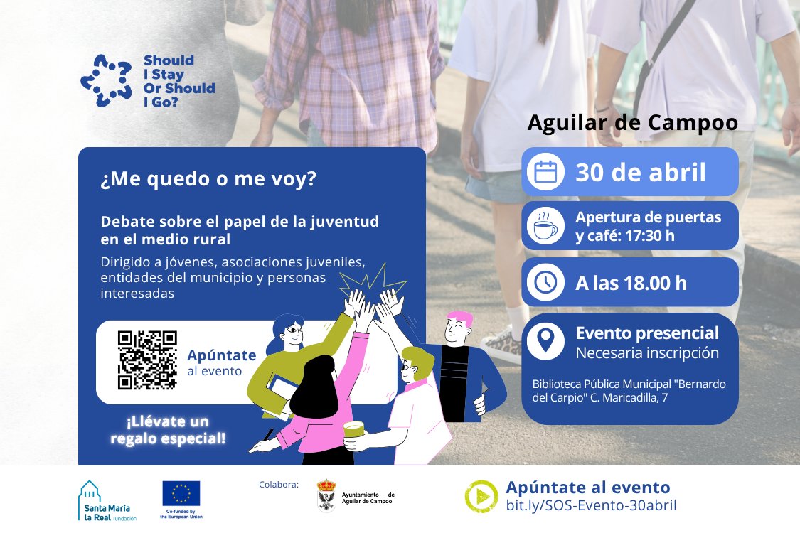 AreaEmpleoFSMLR's tweet image. 📅 Te esperamos el próximo 30 de abril en el #evento presencial del proyecto #SOS❓(Should I stay Or Should I go?) financiado por el programa #Erasmus+

🕠 17:30 a 19:30 h |📍 Biblioteca municipal de #AguilardeCampoo
👉 Inscríbete: bit.ly/SOS-Evento-30a…

areaempleofsmlr.es/2026/04/20/agu…