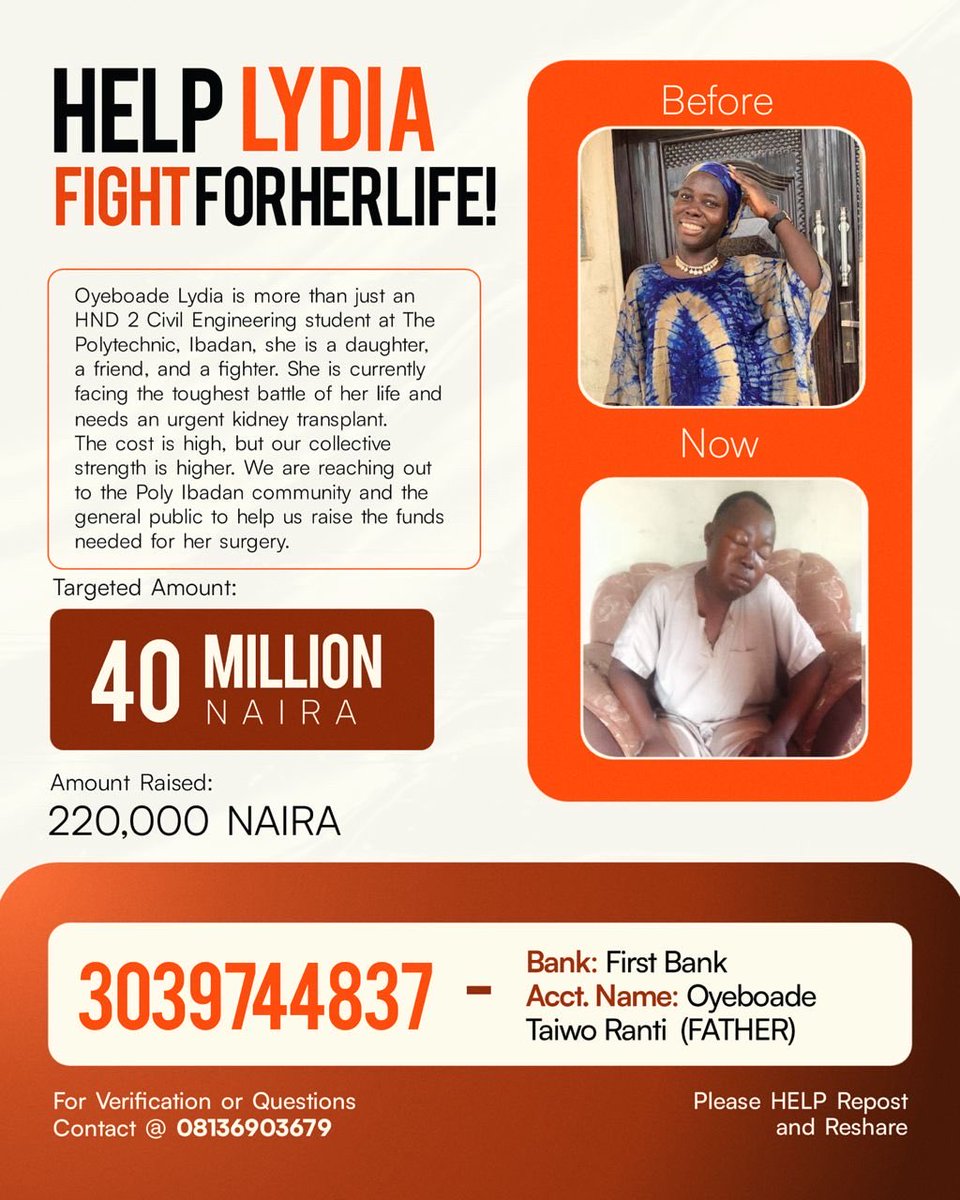 Fabs_mighty's tweet image. *Help Lydia Fight for Her Life! 🎗️*
Lydia is more than just an HND 2 Civil Engineering student at The Polytechnic, Ibadan, she is a daughter, a sister ,a friend, and a fighter. 
 #SaveLydia #PolyIbadan #CivilEngineering #AsakyGRN