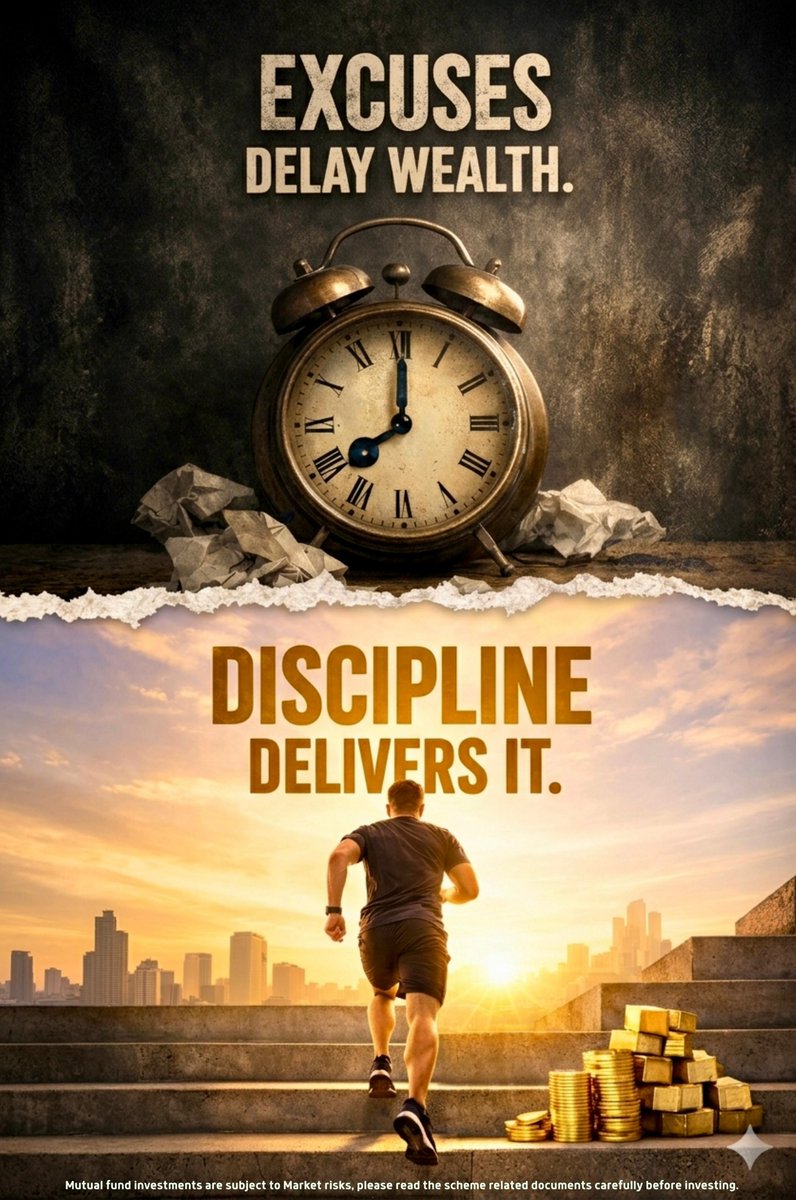 XArthaNivesh's tweet image. "Excuses delay wealth. Discipline delivers it." 🕰️🏃‍♂️ 

Stop waiting for the perfect time. Start your SIP today. Consistency builds futures.

 #SIP #Wealth