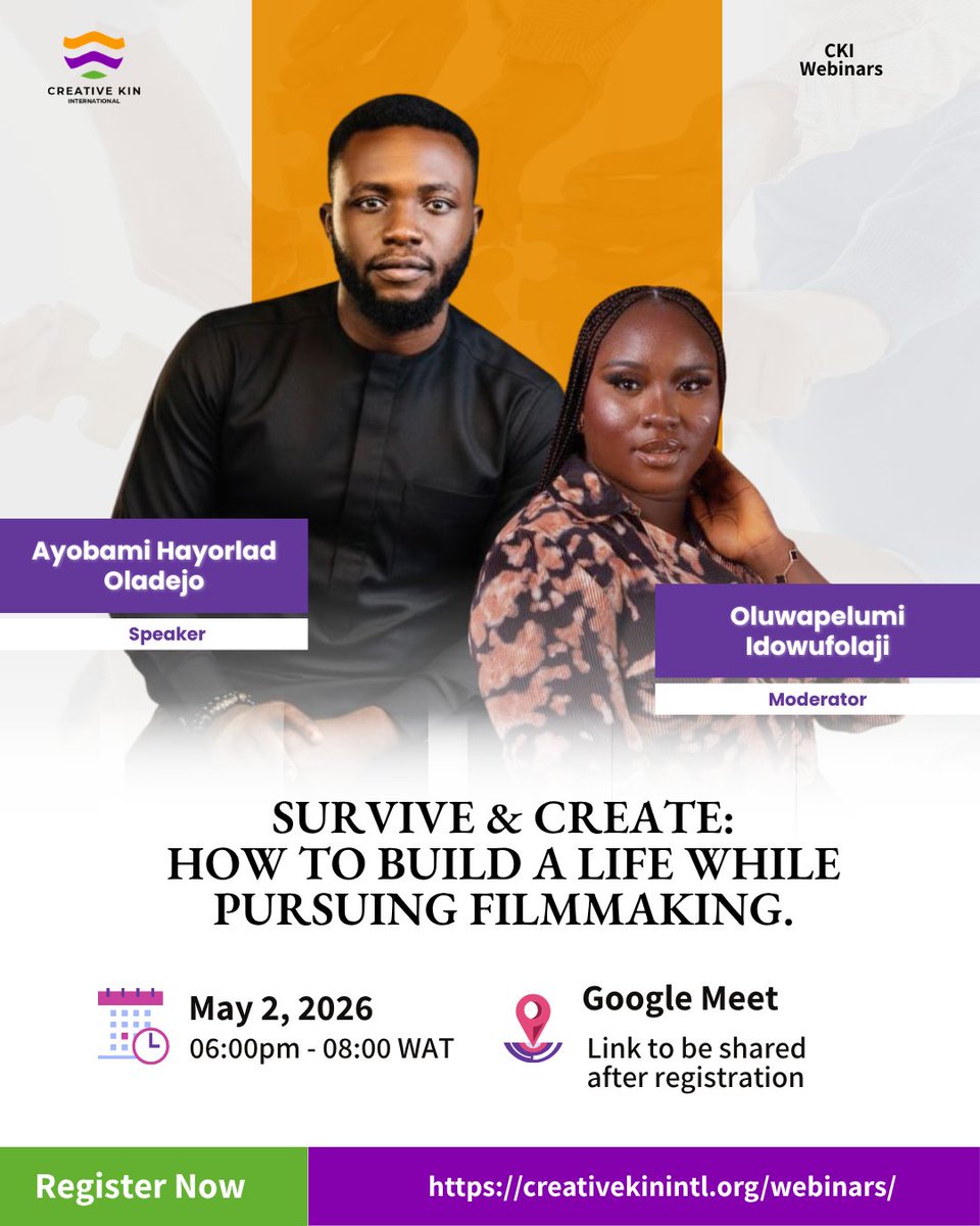 creativekinintl's tweet photo. Are you a young creative trying to pay your bills AND pursue your passion? 🎬
Join us for SURVIVE &amp; CREATE — a free webinar on building your creative journey in the real world.
🗓 May 2, 2026 | 6pm – 8pm WAT
🎟️ FREE. Registration compulsory.
🔗 https://t.co/DvKZY015qi https://t.co/Y0QLckqyb7