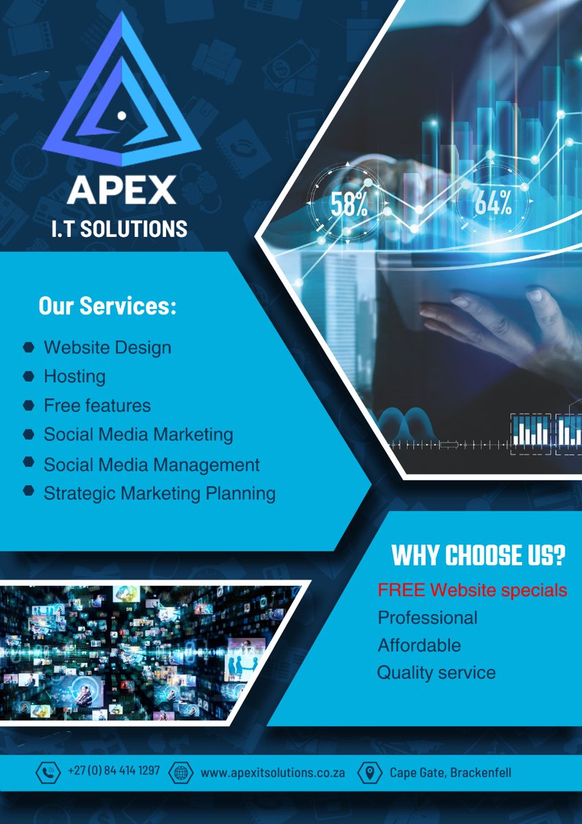 JOHNSCOTT889768's tweet image. APEX I.T SOLUTIONS.
The Pinnacle of Digital Marketing!

Web: apexitsolutions.co.za /

E: info@apexitsolutions.co.za /

Tel: 084 414 1297

youtube.com/shorts/OCC590F…

#it #ecommerce #webdesign #graphics #designers #southafrican #StellaSA #emailhostingwebdeveloper #ApexITSolutions
