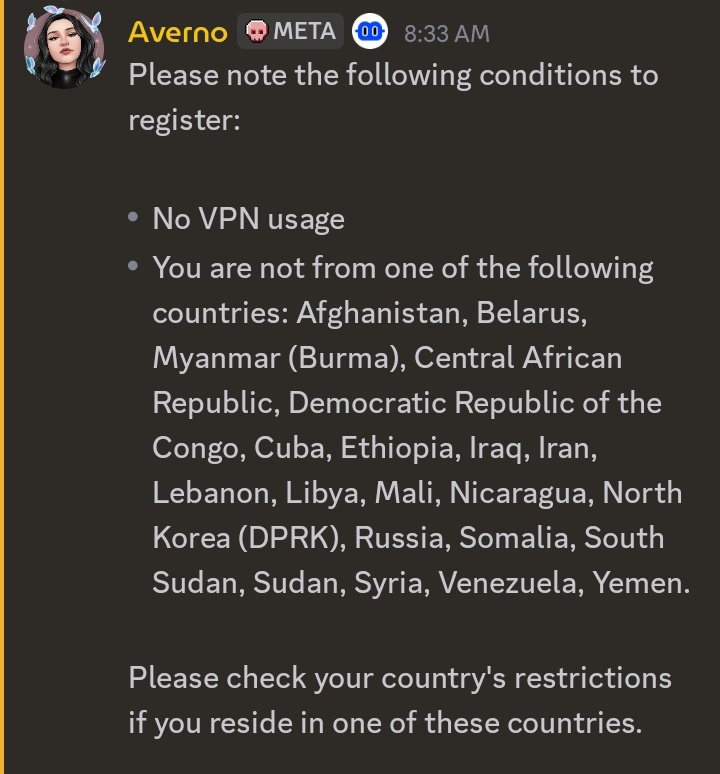 News_Arena_'s tweet image. 💥 Quick update on #Billions Network season 1 registration:

✅ Please do not use a VPN when registering.
✅ If you reside in one of the countries in the screenshot below, please check your country's restrictions.
✅ If you do not reside in any of the countries below but you are