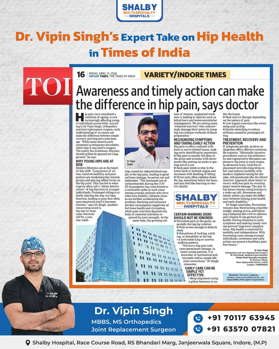dr_vipin81778's tweet image. गर्व का पल! 
 Dr. Vipin Singh ने Times of India में Hip Health पर अपनी expert राय साझा की।
 सही समय पर awareness aur treatment se hip pain ko control kiya जा सकता है। स्वस्थ hips = active life.

📍 Shalby Hospital, Indore
📞 7011763945

#DrVipinSingh #TimesOfIndia #HipHealth