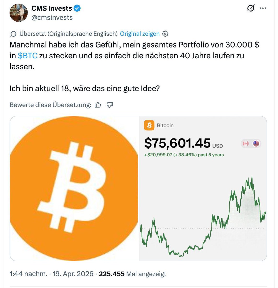 Smart_Money's tweet image. Dein 18-jähriges Ich. 30.000 Euro gespart. Eine Entscheidung.

Keine hypothetische Frage. Ein junger Typ auf CT fragt ernsthaft, ob er seine kompletten Ersparnisse in #Bitcoin $BTC packen soll. Für 40 Jahre.

219.000 reagieren auf dem Post. Bei 2.600 Followern. Die Frage trifft