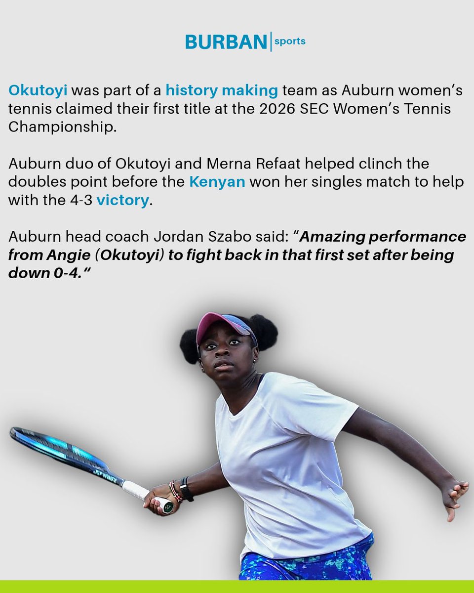BurbanSportsKE's tweet image. Kenya’s Angela Okutoyi has made history as Auburn claimed their first SEC tournament title.

Auburn duo of Okutoyi and Merna Refaat helped clinch the doubles point before the Kenyan won her singles match to help with the victory.

#SECTournament
#Tennis
#Okutoyi
#Kenya