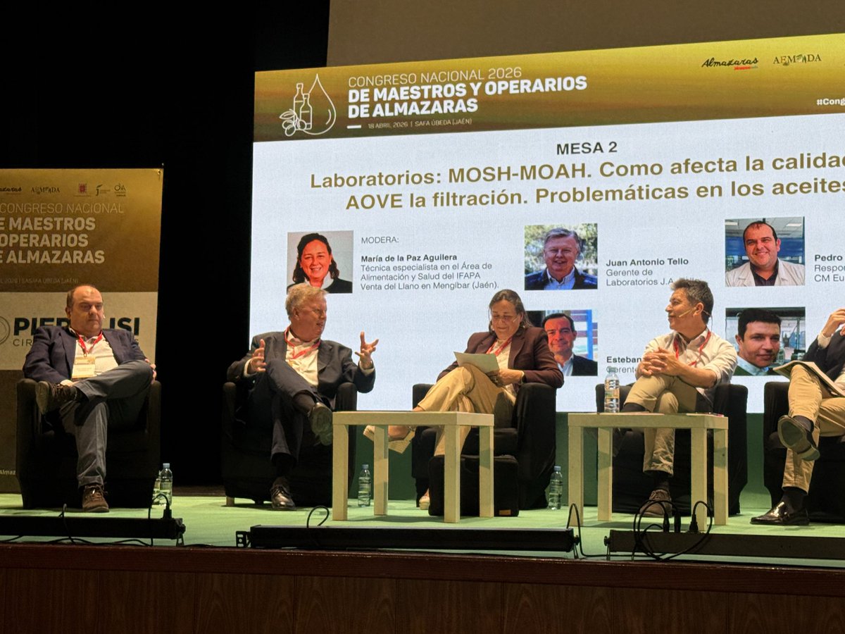 LabTello's tweet photo. Este sábado hemos asistido como ponentes en el Congreso Nacional de Maestros y Operarios de Almazaras 2026📍
Donde participamos en la segunda mesa redonda: ''Laboratorios: MOSH-MOAH. Como afecta la calidad del AOVE la filtración. Problemáticas en los aceites https://t.co/C5Vu7BAAWD